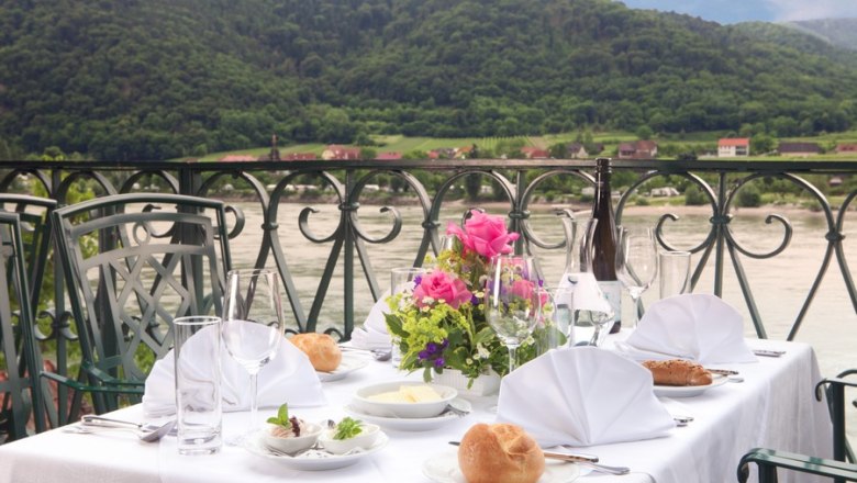 Blick von der Terrasse auf den Donaustrom und die vorüberziehenden Schiffe, © Gregor Schweinester