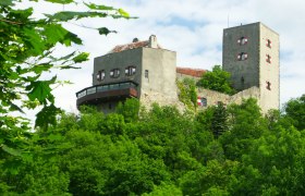 Burg auf bewaldetem Hügel mit markanten Türmen und roten Fensterläden., © Donau Niederösterreich