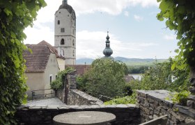 Blick auf einen alten Kirchturm und Landschaft, umrahmt von Weinreben., © Donau NÖ/JMZ