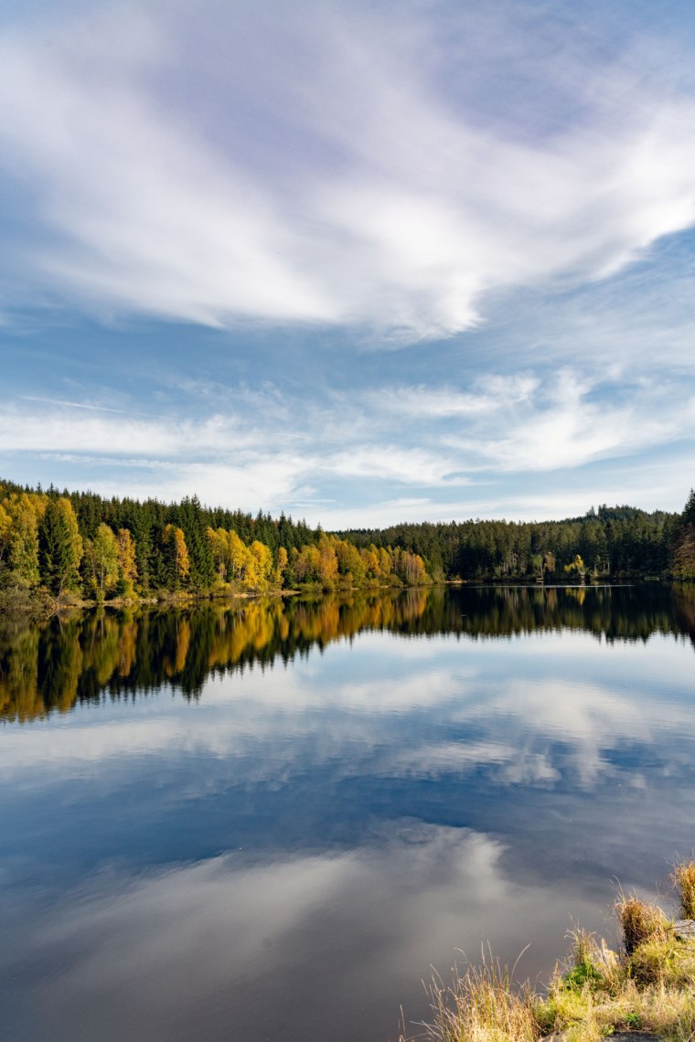 Wanderer stehen auf einem Steg an einem See.